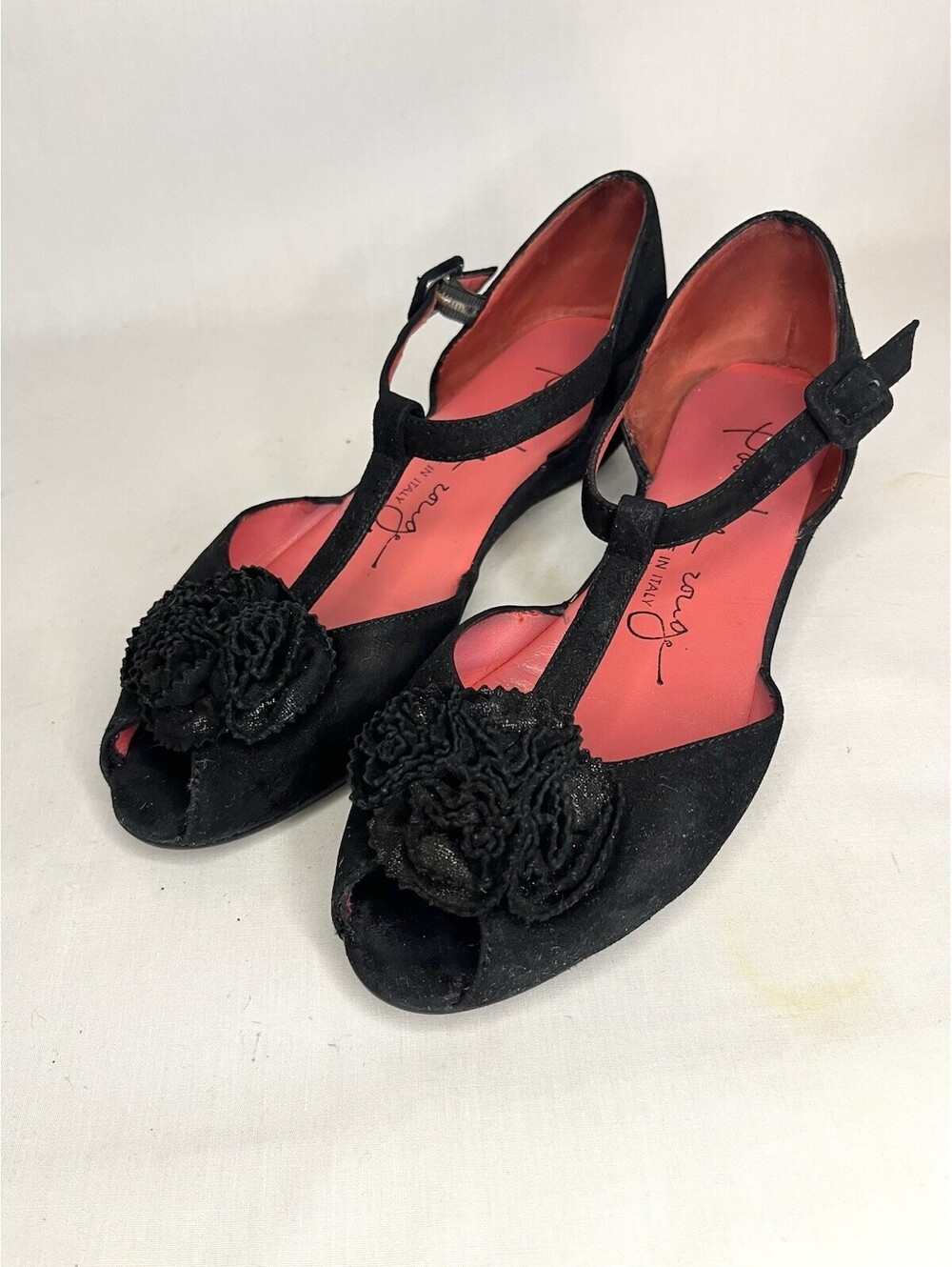 Pas De Rouge Italy Black Suede Wedge Open Toe Rosette Womens Sandal Sz 36 US 6